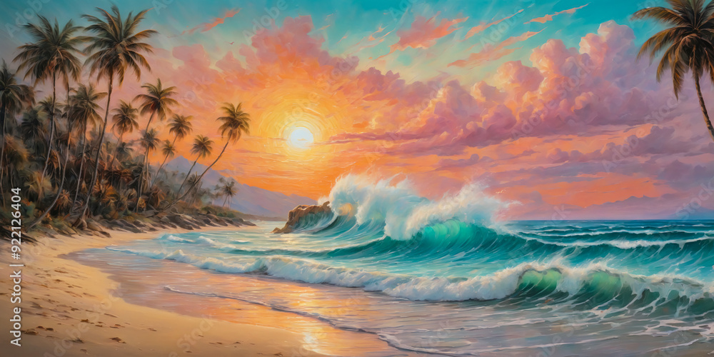 Beautiful sunset on a pink beach with turquoise sea waves crashing on the shore, sea in the background. Illustration, pastel painting Beautiful sunset on a pink beach with turquoise sea waves crashing on the shore, sea in the background. Illustration, pastel painting
