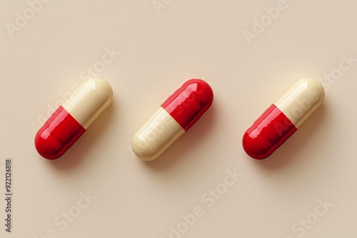 Close up of three red and white capsules against a beige background highlighting the contrast and simplicity in pharmaceutical design ideal for themes of focus clarity and minimalism in healthcare