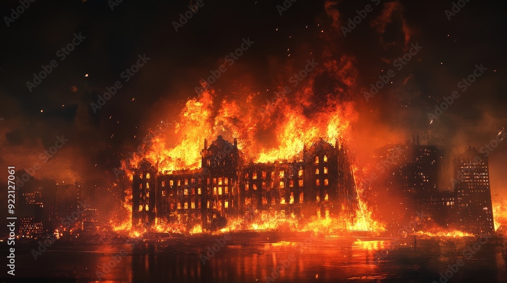 A dramatic image of a large building engulfed in flames. The fire spreads rapidly, with intense orange and red flames contrasting against the dark smoke billowing into the night sky. A dramatic image of a large building engulfed in flames. The fire spreads rapidly, with intense orange and red flames contrasting against the dark smoke billowing into the night sky.