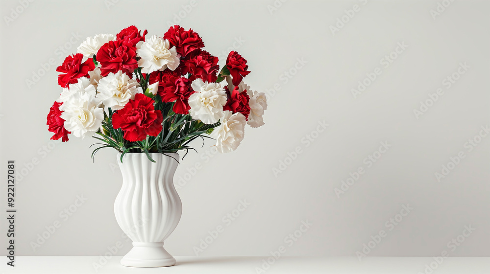 A vibrant bouquet of red and white carnations graces a minimalist white vase, adding a touch of elegance and beauty to any setting. A vibrant bouquet of red and white carnations graces a minimalist white vase, adding a touch of elegance and beauty to any setting.