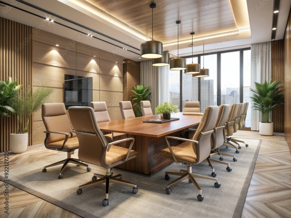 Fototapeta premium Corporate Solitude: Modern conference room, plush chairs, neutral tones, professional yet isolated