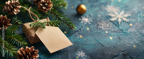 Close-up of an empty craft paper gift tag with rope, green fir branches, pine cones and gold balls isolated on grey concrete background.