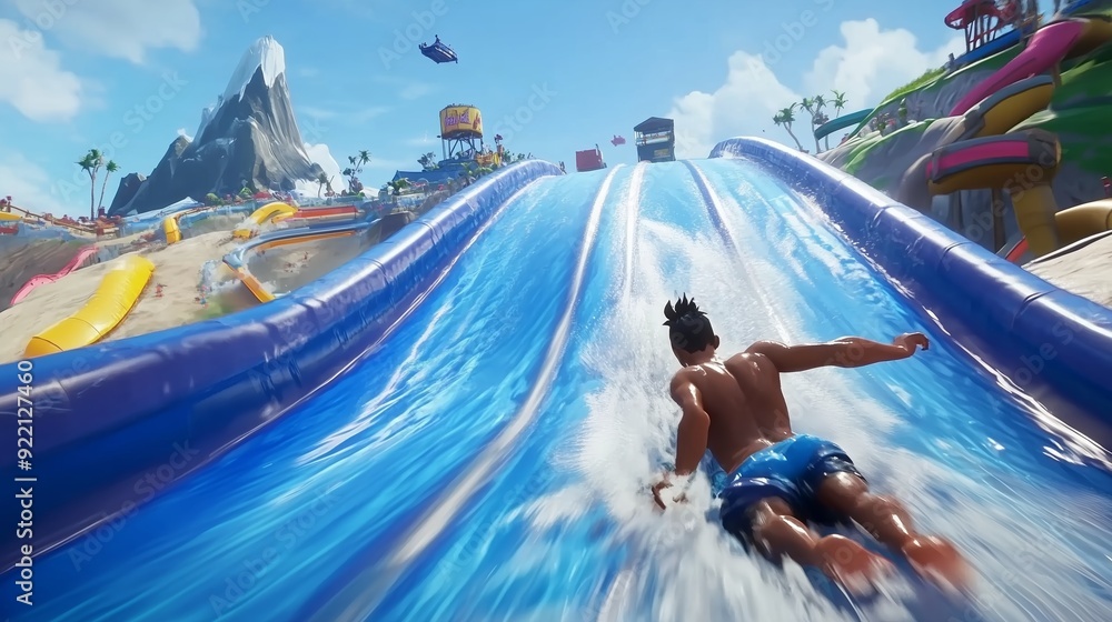 Sliding down a colorful water slide on a sunny day at a beach water park Sliding down a colorful water slide on a sunny day at a beach water park