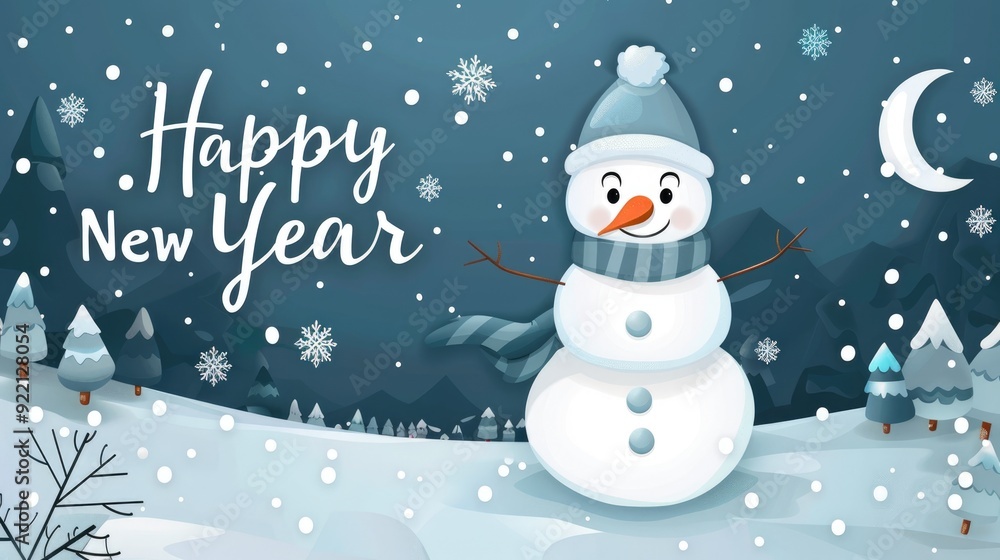 Flat vector illustration of winter scenery with a cute snowman and snowflakes as well as Flat vector illustration of winter scenery with a cute snowman and snowflakes as well as