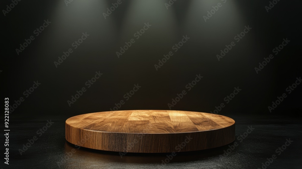 3D render Wooden podium for product presentation with dark background and warm spotlights 3D render Wooden podium for product presentation with dark background and warm spotlights