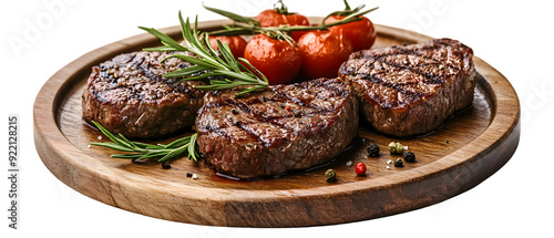 Set of beef steak on a wooden plate, isolated on a white background