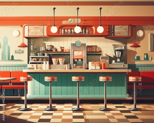 Vintage cafe scene flat design, front view, 1950s diner, cartoon drawing, Splitcomplementary color scheme