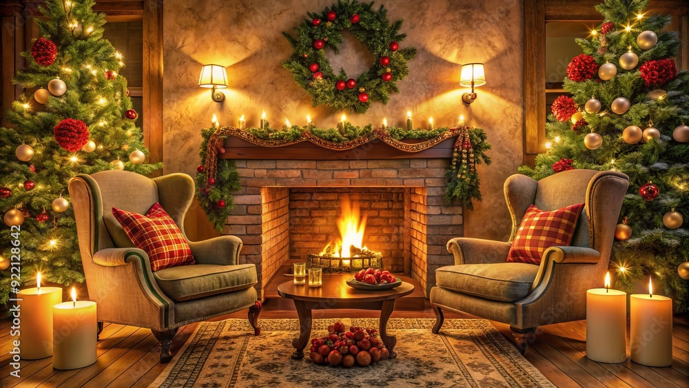 Fototapeta premium Cozy winter scene featuring a crackling fireplace adorned with festive holly and twinkling candles, surrounded by warm golden lighting and inviting plush armchairs.