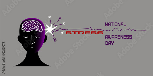 World Stress Awareness month banner. Vector doodle hand drawn illustration of National Stress Awareness Day. Silhouette of stress person illustration