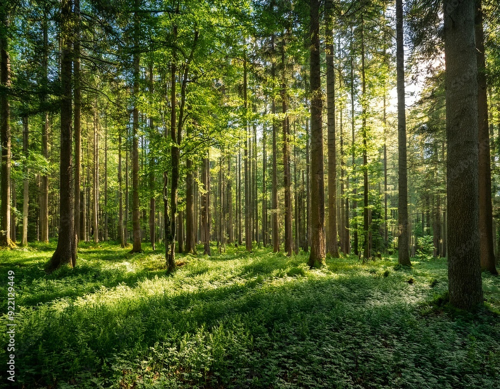 A dense forest with tall trees and green foliage on a sunny summer day A dense forest with tall trees and green foliage on a sunny summer day