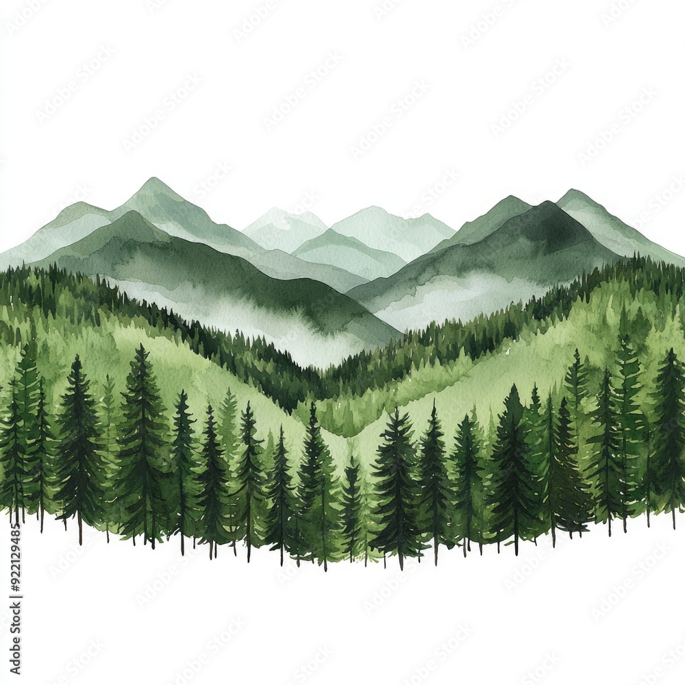 Fototapeta premium Watercolor Painting of a Mountain Range with Forest