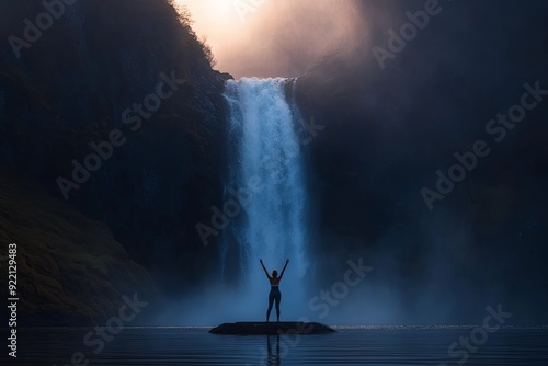 Wallpaper Mural A person celebrates at sunset in front of a majestic waterfall surrounded by misty mountains Torontodigital.ca