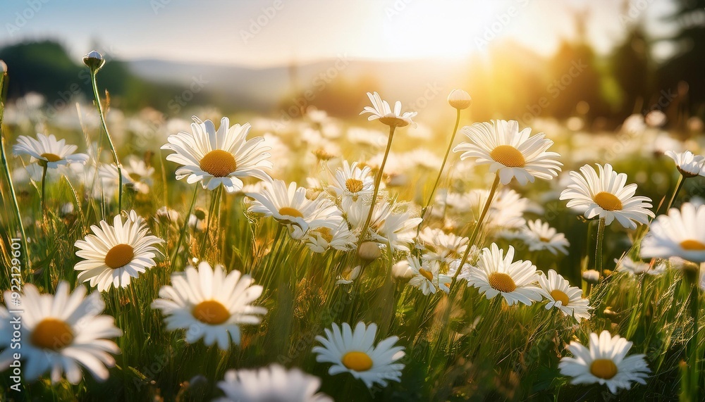 A close-up view of a meadow filled with white daisies in bloom, bathed in the warm light of the summer sun A close-up view of a meadow filled with white daisies in bloom, bathed in the warm light of the summer sun