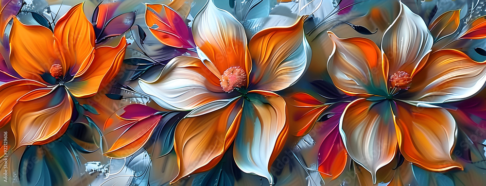 Fototapeta premium Abstract oil painting technique. Flowers, leaves, futuristic style. Cards, murals, carpets, decorations, wall paintings, posters...
