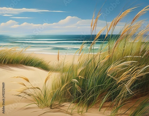 Wallpaper Mural A painting depicting grass on a sandy beach with the vast ocean in the background Torontodigital.ca