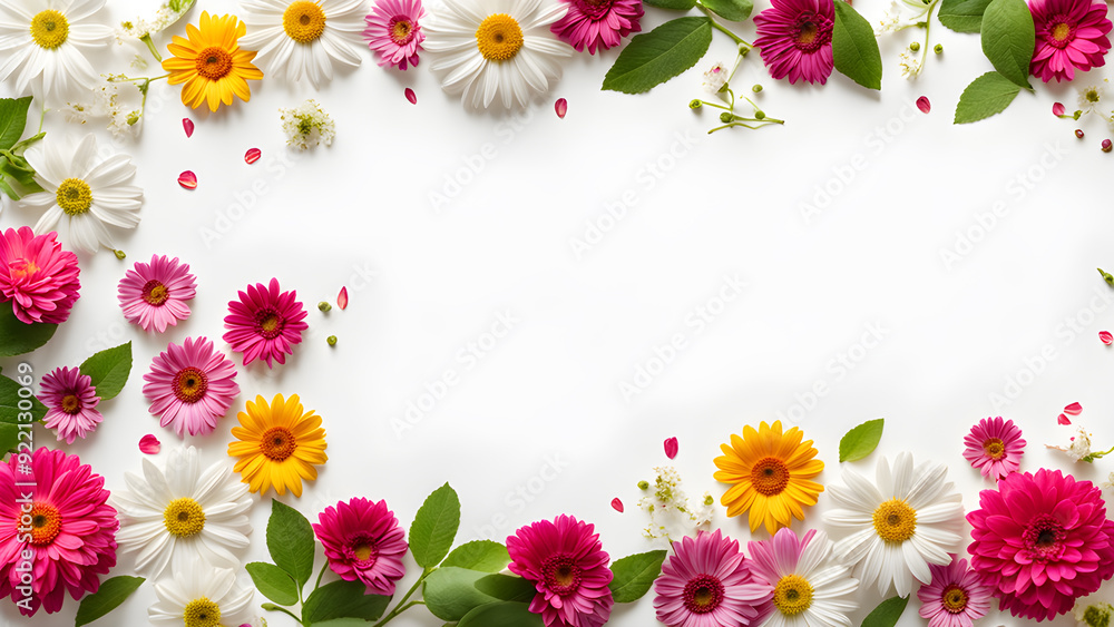 Flowers composition. Frame made of colorful flowers on white background. Flat lay, top view, copy space Flowers composition. Frame made of colorful flowers on white background. Flat lay, top view, copy space