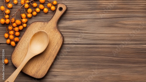 Sea buckthorn berries spill from a wooden board onto a rustic table, showcasing a natural and earthy aesthetic perfect for autumn-themed culinary projects photo