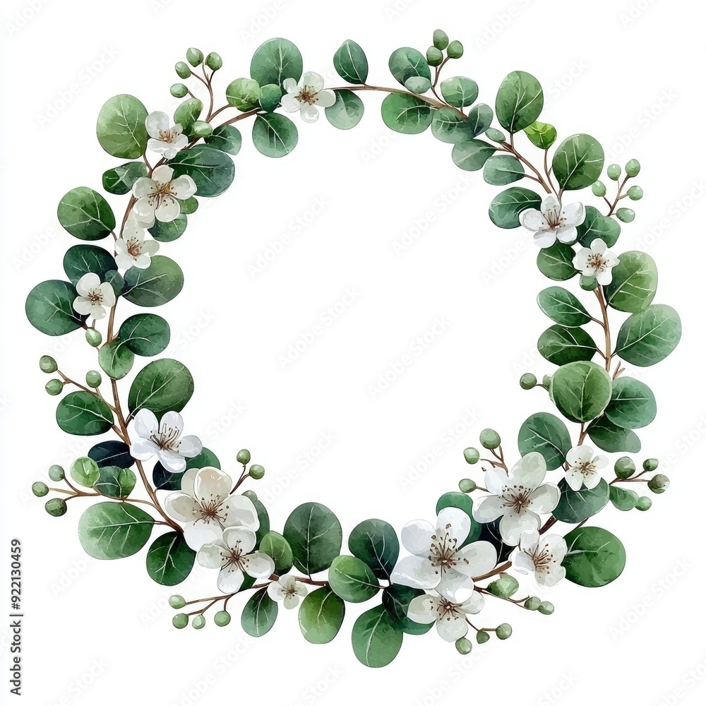 Watercolor Eucalyptus Wreath with White Flowers Watercolor Eucalyptus Wreath with White Flowers