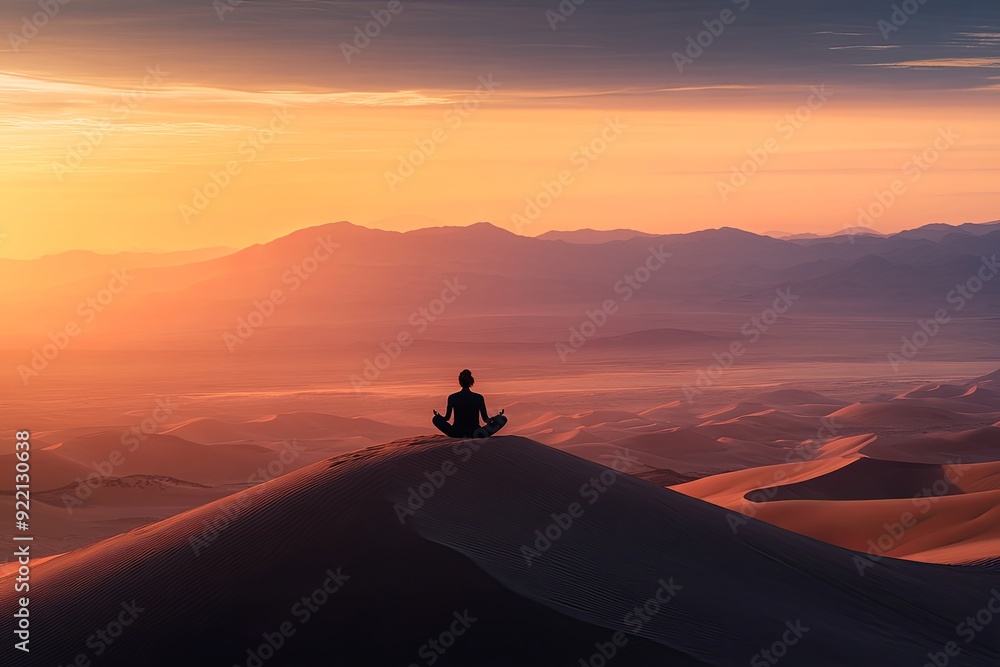 Person meditating on a sand dune at sunset in a desert landscape with distant mountains Person meditating on a sand dune at sunset in a desert landscape with distant mountains