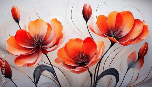 A close-up of a digital painting featuring stylized orange and red flowers with black stems against a soft, neutral background