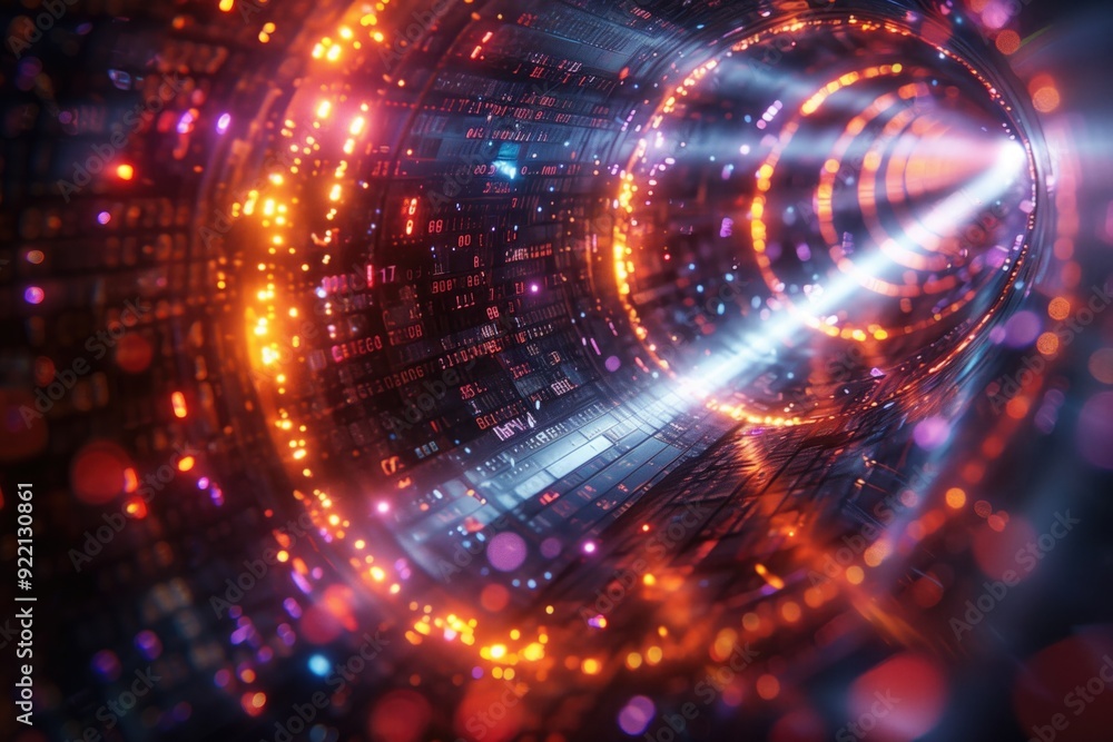 Obraz premium A digital visualization of a quantum algorithm processing vast amounts of data, represented by streams of binary code and quantum states