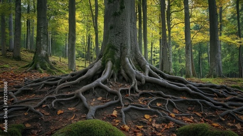 Exposed Tree Roots. Natural Wood Roots in Old Forest Landscape