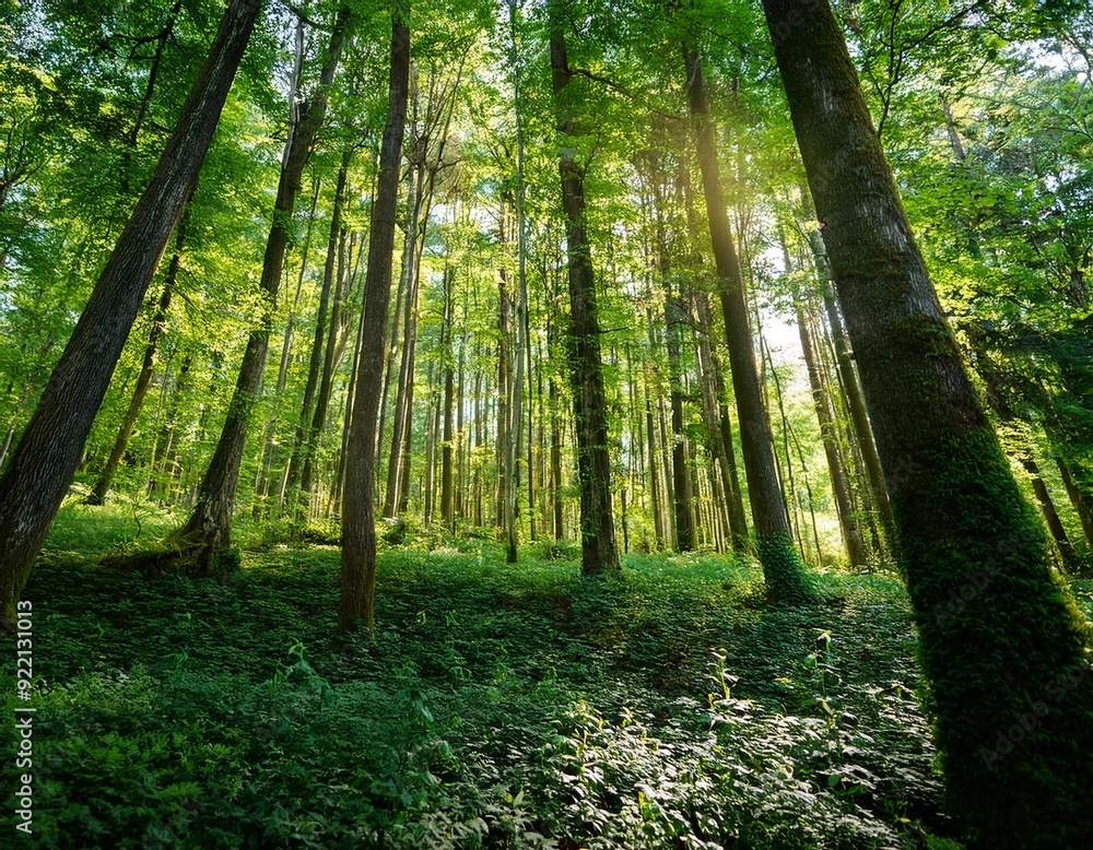 A dense forest with tall trees and green foliage on a sunny summer day A dense forest with tall trees and green foliage on a sunny summer day