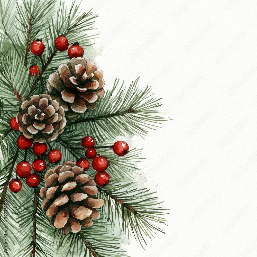 Watercolor Painting of Pine Branch with Pine Cones and Red Berries Watercolor Painting of Pine Branch with Pine Cones and Red Berries