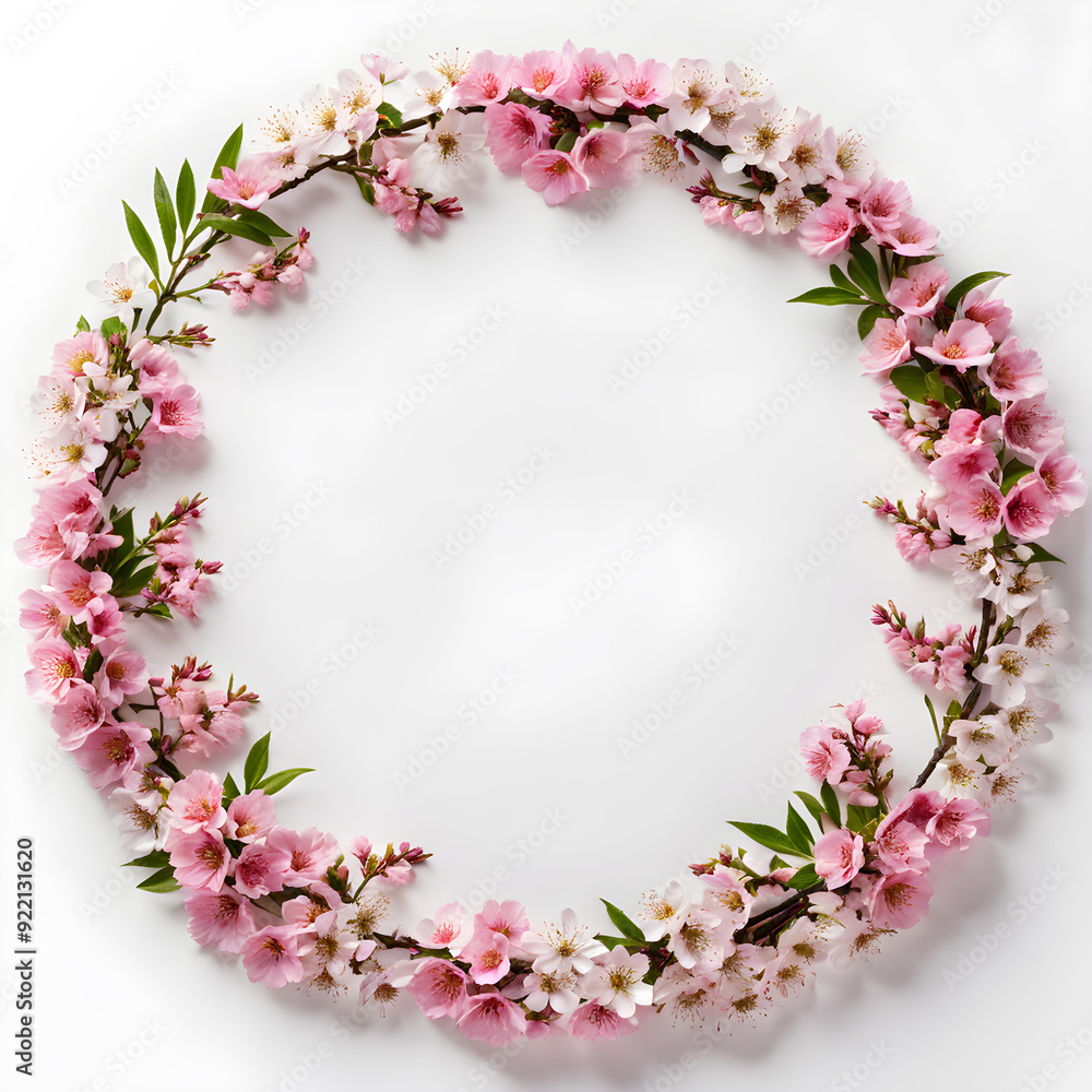 Round wreath with pink cherry blossoms on a white background. Round wreath with pink cherry blossoms on a white background.