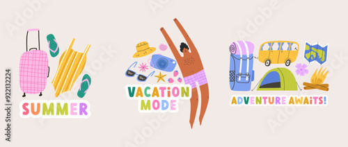 Set of colorful summer stickers - cartoon flat vector illustration isolated on beige background. Funny vacation character jumping and camping tools.