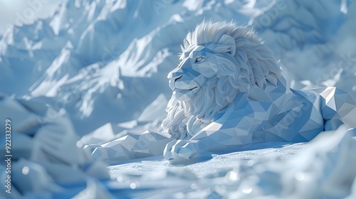 Resting Ice Lion Sculpture in Snowy Geometric Landscape