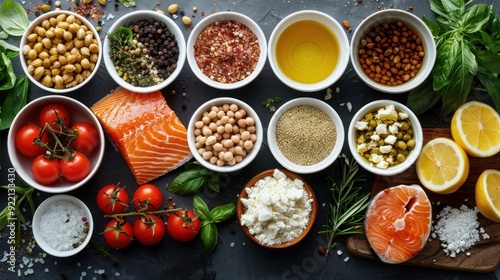 Colorful Flat Lay of Fresh Ingredients Including Salmon, Tomatoes, Chickpeas, Spices, and Herbs on Dark Background