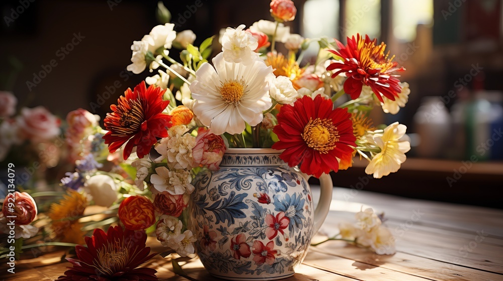 Freshly picked wildflowers in a vase with folk pattern on a kitchen table. Freshly picked wildflowers in a vase with folk pattern on a kitchen table.