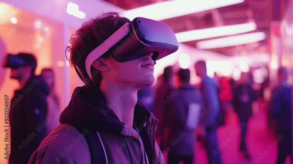 A young man immerses himself in virtual reality at a vibrant technology expo, surrounded by fellow attendees. A young man immerses himself in virtual reality at a vibrant technology expo, surrounded by fellow attendees.