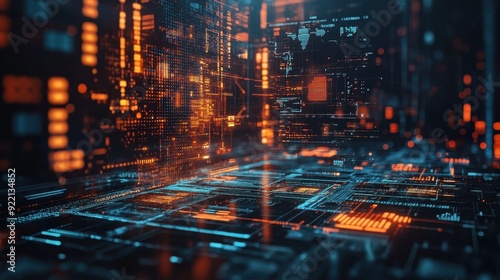 Wallpaper Mural Futuristic Digital Circuit Board with Glowing Orange and Blue Lights Representing Advanced Technology Torontodigital.ca