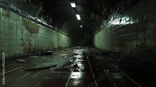 An abandoned subway tunnel is shown with an ominous atmosphere, where cracked tiles and scattered debris on the wet floor add to the feeling of unease.