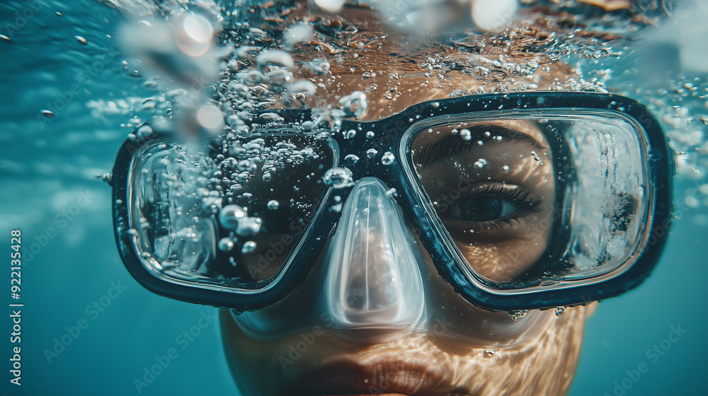 Detailed view of a person with a snorkeling mask immersed in clear ocean water. Detailed view of a person with a snorkeling mask immersed in clear ocean water.