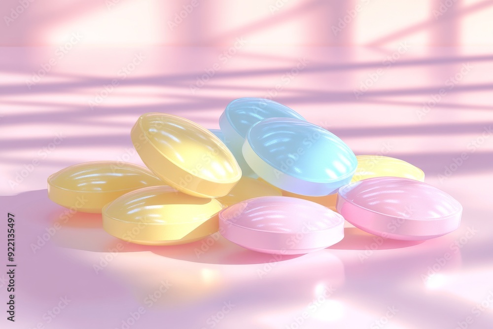 A soft and ethereal close up of pastel colored capsules resting in a warm glowing environment symbolizing the gentle and comforting nature of pharmaceutical treatments in modern healthcare A soft and ethereal close up of pastel colored capsules resting in a warm glowing environment symbolizing the gentle and comforting nature of pharmaceutical treatments in modern healthcare