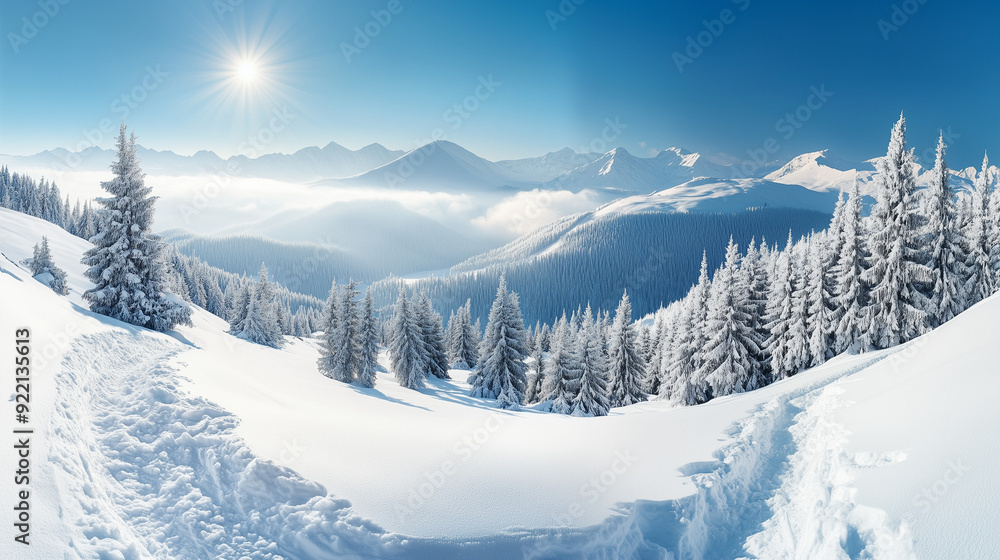 A vast mountain landscape in full winter glory with glistening snow covering every tree and trail. A vast mountain landscape in full winter glory with glistening snow covering every tree and trail.