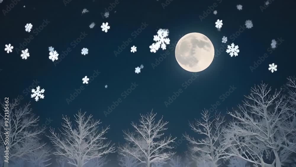 Snowflakes falling on the trees against a starry night sky and moon Snowflakes falling on the trees against a starry night sky and moon