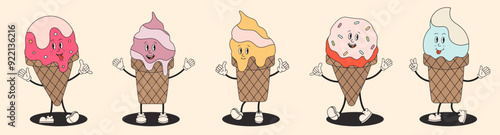 Ice cream sweet characters collection in retro groovy style. Ice cream in cones, popsicle with toppings. Cute set of funny Hippy Ice cream mascots. For poster, flyer, party invitation, banner.