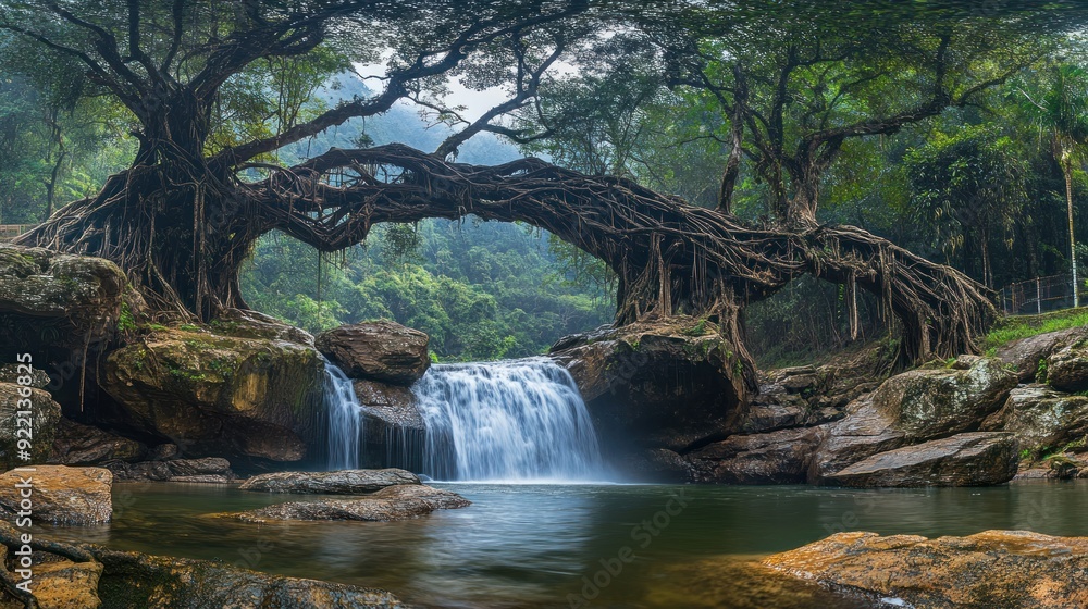 Fototapeta premium A Stunning Waterfall Cascading Through a Natural Bridge Formed by a Tree's Twisted Roots