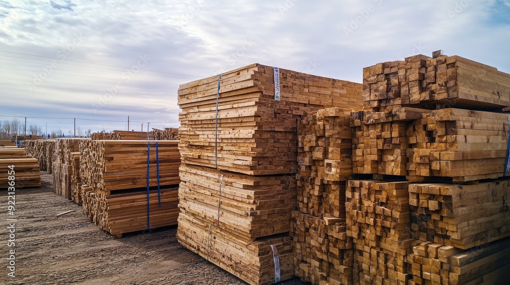 Bulk Lumber at Timbering Yard. Stacked Pine Wood Pile with Fence Posts and Planks Bulk Lumber at Timbering Yard. Stacked Pine Wood Pile with Fence Posts and Planks
