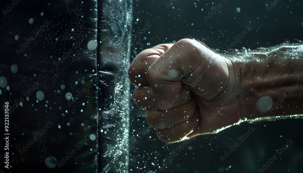 Fototapeta premium Close-up hand of boxer at the moment of impact on punching bag over black background