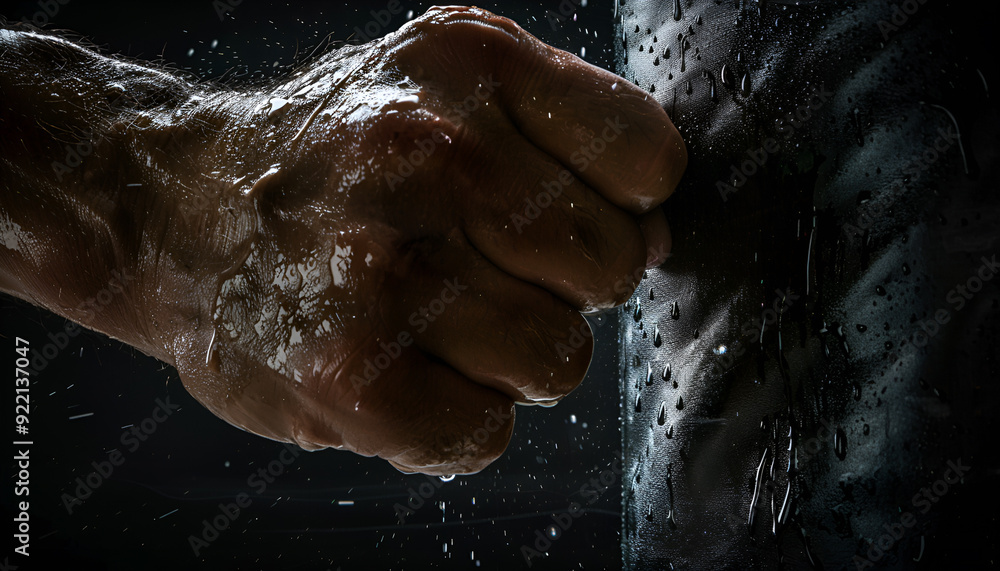 Fototapeta premium Close-up hand of boxer at the moment of impact on punching bag over black background