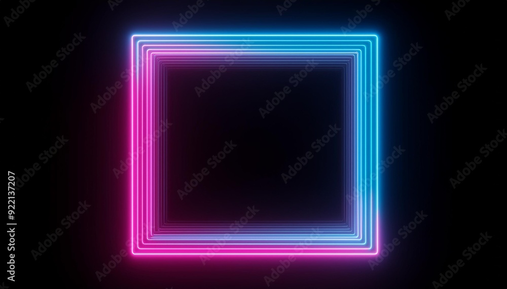 Square rectangle picture frame with two tone neon color motion graphic on isolated black background. Blue and pink light moving for overlay element. 3D illustration rendering. Empty copy space middle Square rectangle picture frame with two tone neon color motion graphic on isolated black background. Blue and pink light moving for overlay element. 3D illustration rendering. Empty copy space middle