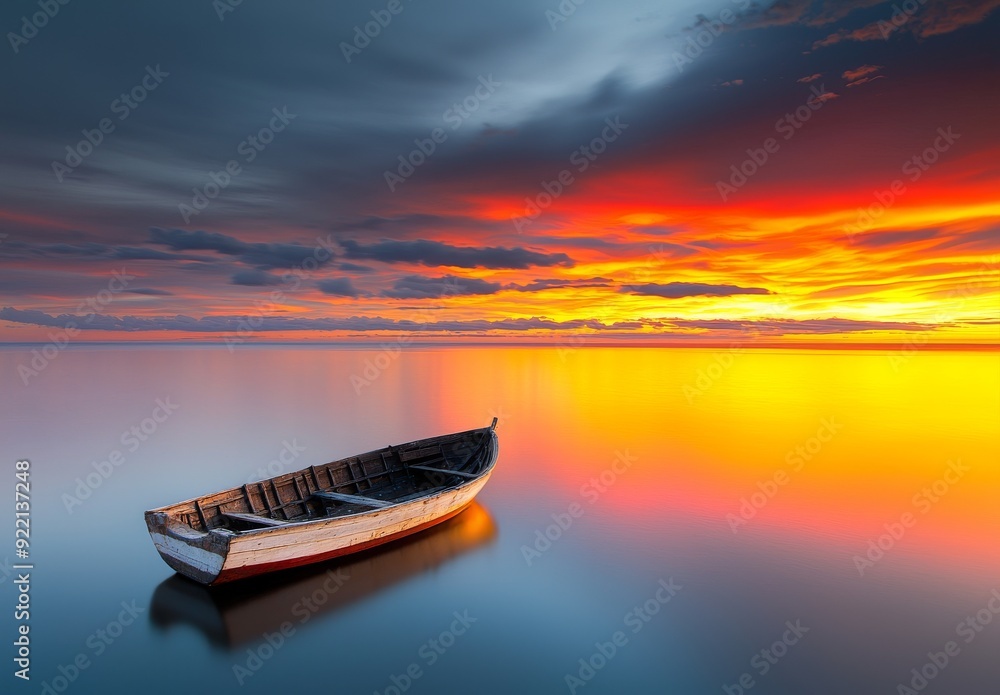 Weathered Rowboat on Calm Ocean at Sunset Weathered Rowboat on Calm Ocean at Sunset