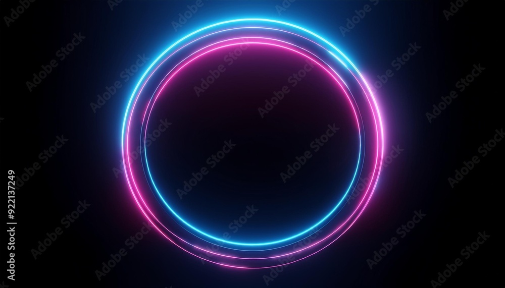 Round circle picture frame with two tone neon color shade motion graphic on isolated black background. Blue and pink light moving for overlay element. 3D illustration rendering. Empty space in middle Round circle picture frame with two tone neon color shade motion graphic on isolated black background. Blue and pink light moving for overlay element. 3D illustration rendering. Empty space in middle