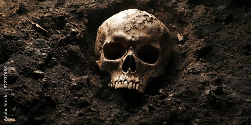 Buried Bones: Artistic Rendering of Human Skull and Bones in a Dark and Eerie Cemetery Setting Buried Bones: Artistic Rendering of Human Skull and Bones in a Dark and Eerie Cemetery Setting