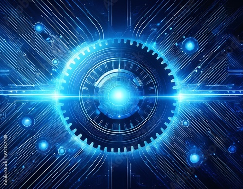 Hyperautomation futuristic blue gear transmission digital transformation abstract technology background. Artificial intelligence and big data concept. Business growth computer investment industry 4.0
